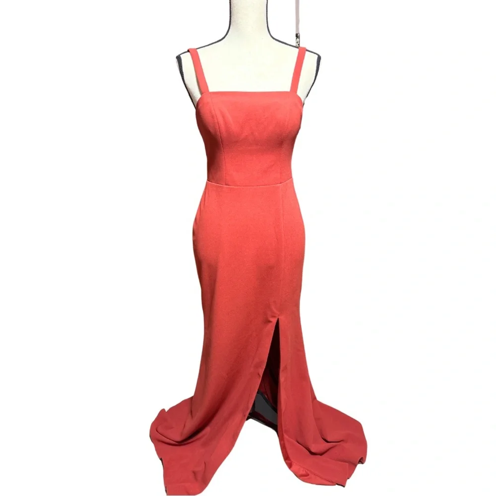AZAZIE JAY Rust Orange A-Line Square Neckline Side Slit Chiffon Dress Size 2 - Picture 4 of 6